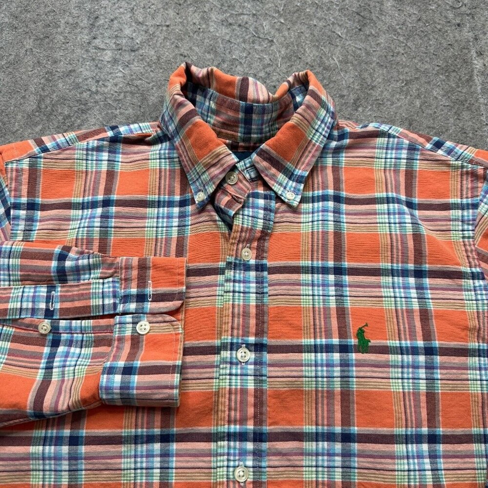 Ralph Lauren Oxford Shirt Men L Orange Blue Plaid OCBD Custom Fit Long Sleeve